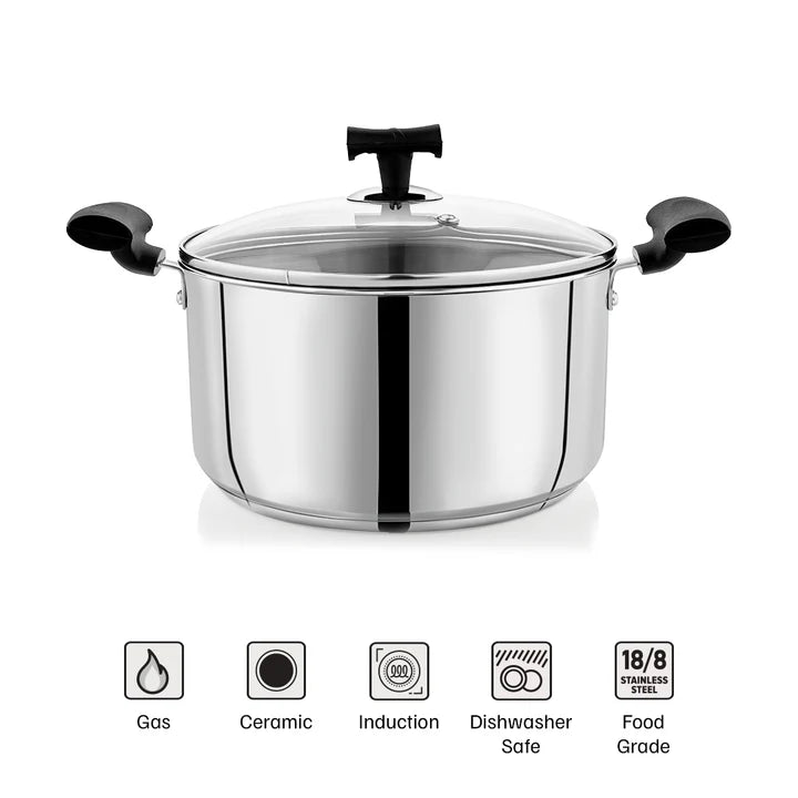 DONIV Stainless Steel Sandwich Bottom Solitaire Sauce Pot with Glass Lid & Side handle, Induction Friendly