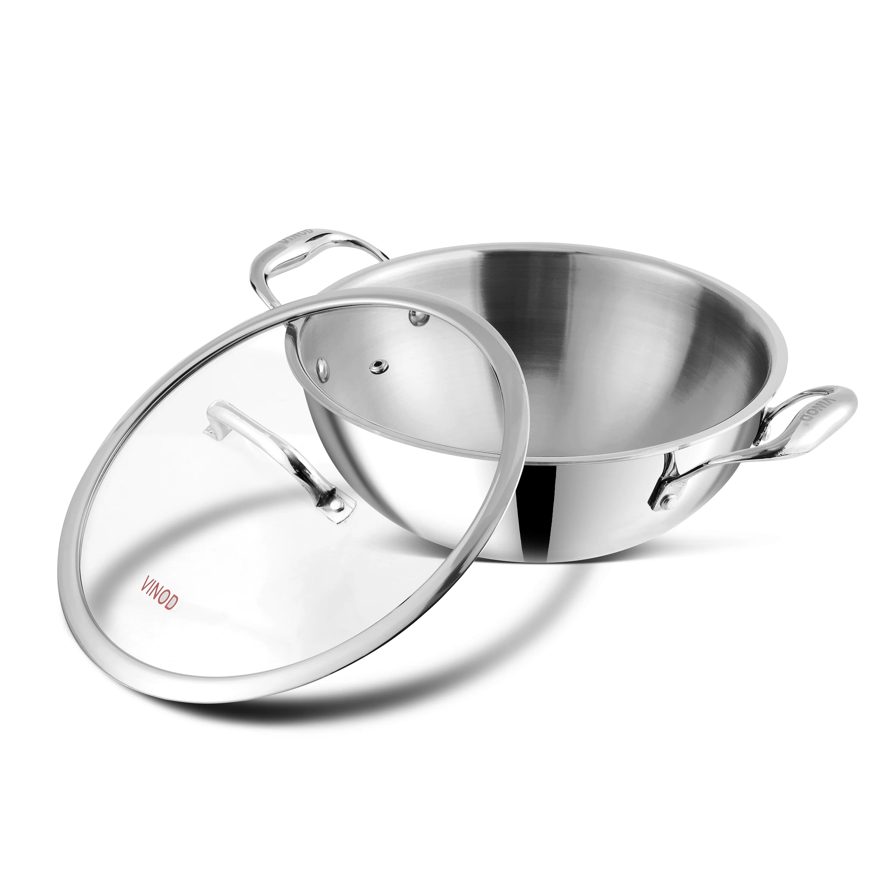 Vinod Platinum Triply Stainless Steel Extra Deep Kadai with Glass Lid