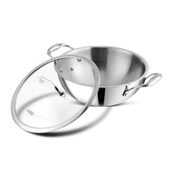 Vinod Platinum Triply Stainless Steel Extra Deep Kadai with Steel Lid