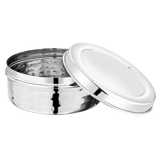 VINOD Stainless Steel Hammered Puri Dabba Set of 4 - Capacity: 1200 ml, 1500 ml, 2100 ml, 2500 ml, Heavy Gauge Steel, Airtight Lids & Rust Free