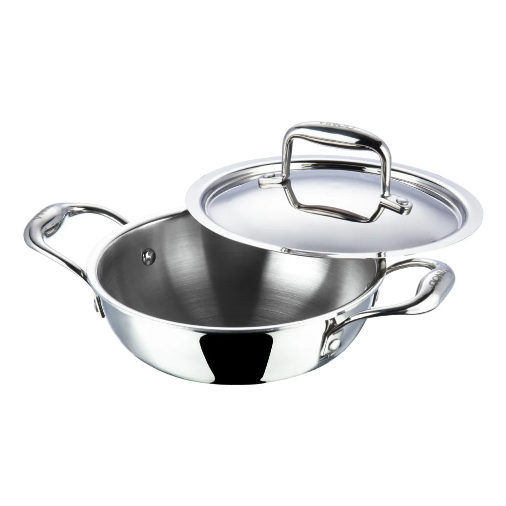 Vinod Platinum Triply Stainless Steel Extra Deep Kadai with Glass Lid