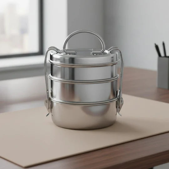 VINOD Stainless Steel Lunch Tiffin, 7 Inch - 3 Compartment Design, Rust Free, Mirror Finish, Tough and Strong & Easy Carry