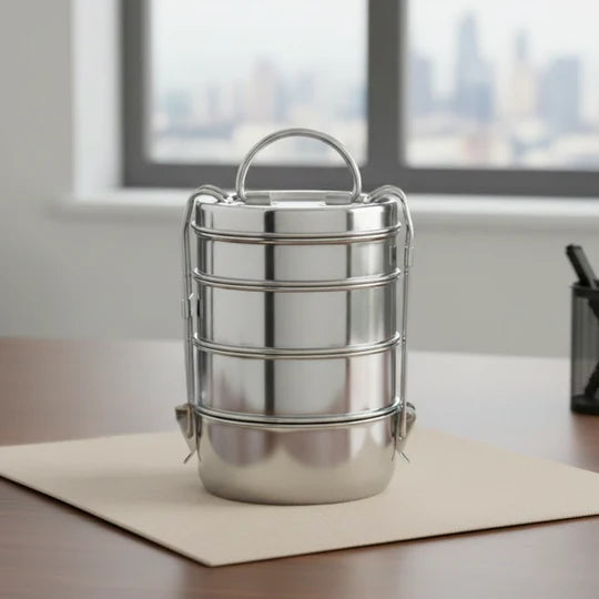 VINOD Stainless Steel Lunch Tiffin 8 Inch - 4 Compartment, Highest grade Stainless Steel, Mirror Finish, Tough and Strong Build