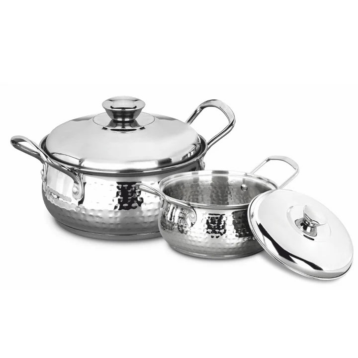 Vinod Stainless Steel Milano Hammered Serving Casserole With Steel Lid & Side Handle - Set of 2 Pcs - 1230 ml & 1630 ml - 16 cm & 18 cm