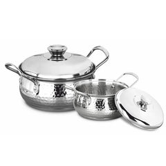 Vinod Stainless Steel Milano Hammered Serving Casserole With Steel Lid & Side Handle - Set of 2 Pcs - 1230 ml & 1630 ml - 16 cm & 18 cm