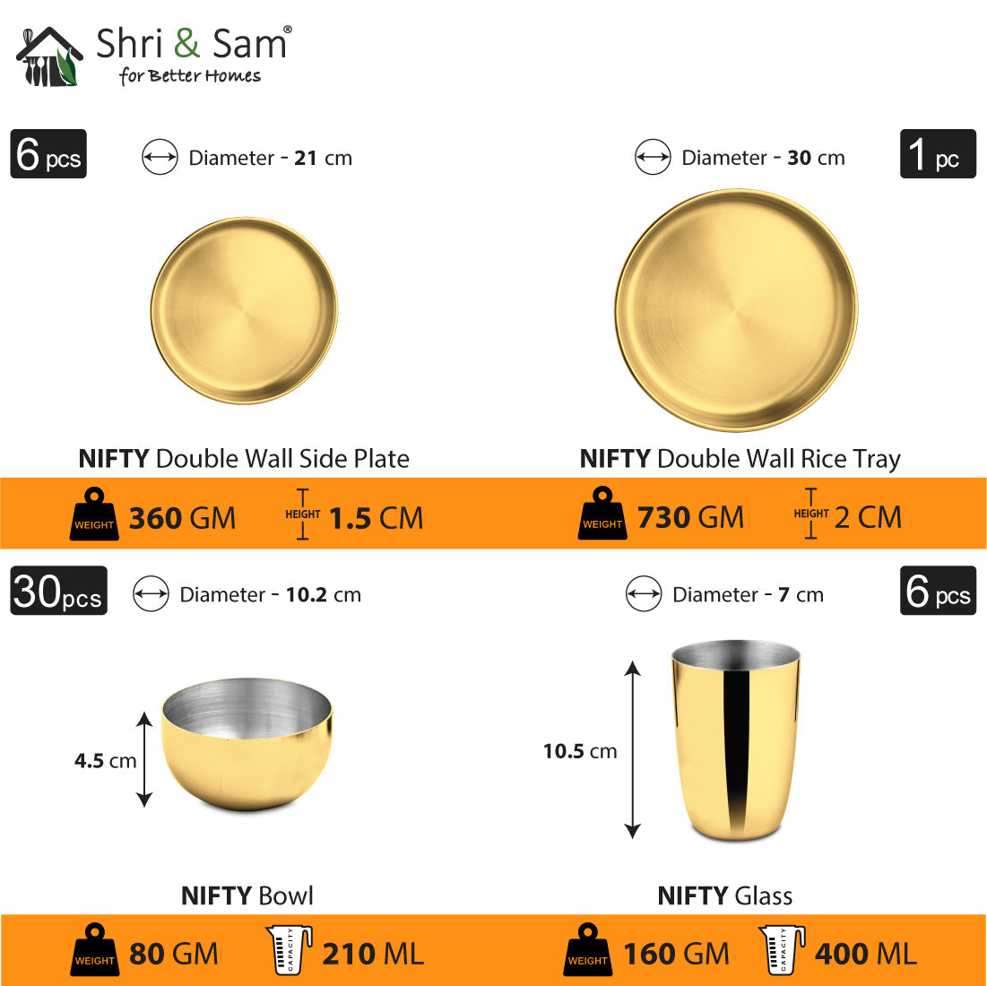 Stainless Steel 72 PCS Dinner Set with Gold PVD Coating (6 People) Nifty