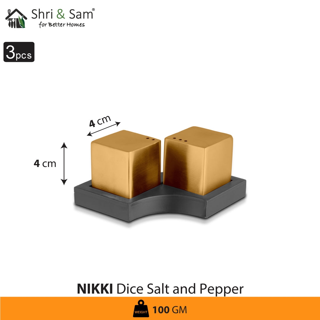 Stainless Steel Dice Salt & Pepper with Gold PVD Coating Nikki