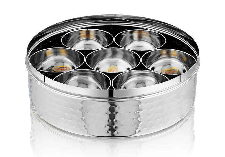 VINOD Hammered Stainless Steel Masala Dabba / Spice Box with 7 Containers, Spoon & Inner Lid, Rust Resistant, High-Quality