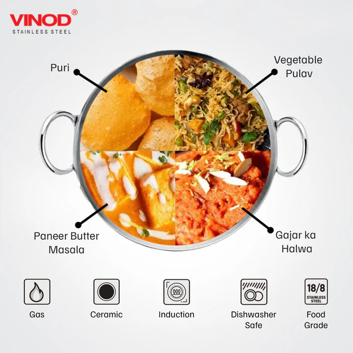 Vinod – Claro Heavy Gauge Stainless Steel Kadai (Plain), 2.5 mm