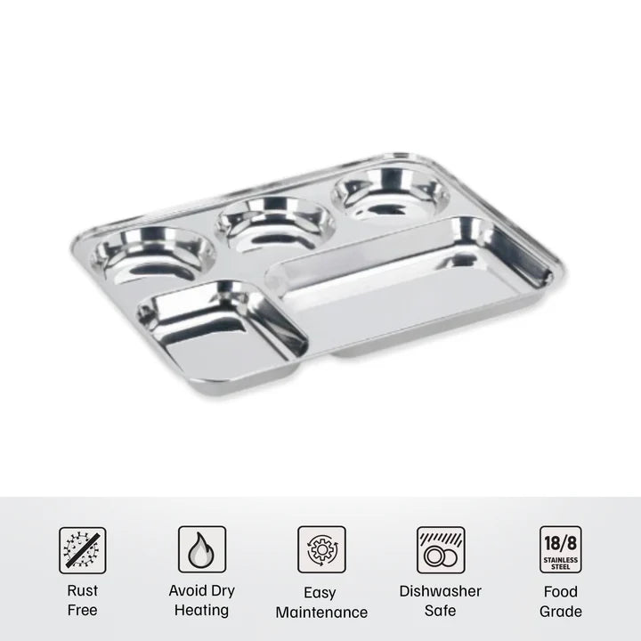 Vinod Stainless Steel 5 Compartment Mess Tray with Round Edges / Rectangle Steel Thali / Lunch & Dinner Plate/ Bhojan Thali – 2Pcs