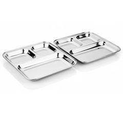 Vinod Stainless Steel 3 compartment Plate with Square Edges / Pav Bhaji Plate / Steel Serving Plates for Lunch / Dinner [Pack of 2 ]