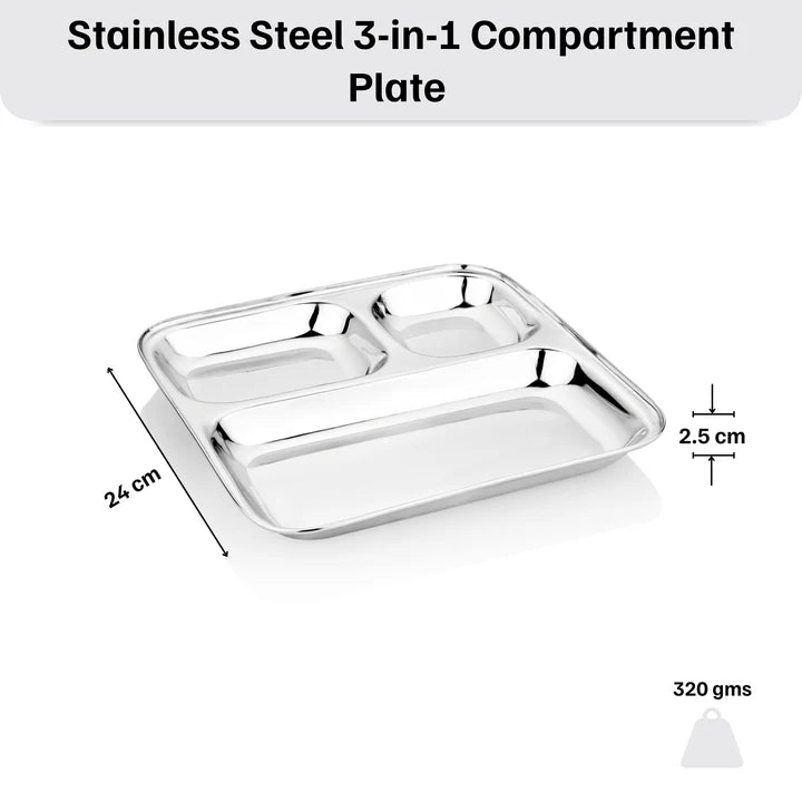 Vinod Stainless Steel 3 compartment Plate with Square Edges / Pav Bhaji Plate / Steel Serving Plates for Lunch / Dinner [Pack of 2 ]
