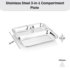 Vinod Stainless Steel 3 compartment Plate with Square Edges / Pav Bhaji Plate / Steel Serving Plates for Lunch / Dinner [Pack of 2 ]