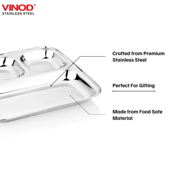 Vinod Stainless Steel 3 compartment Plate with Square Edges / Pav Bhaji Plate / Steel Serving Plates for Lunch / Dinner [Pack of 2 ]