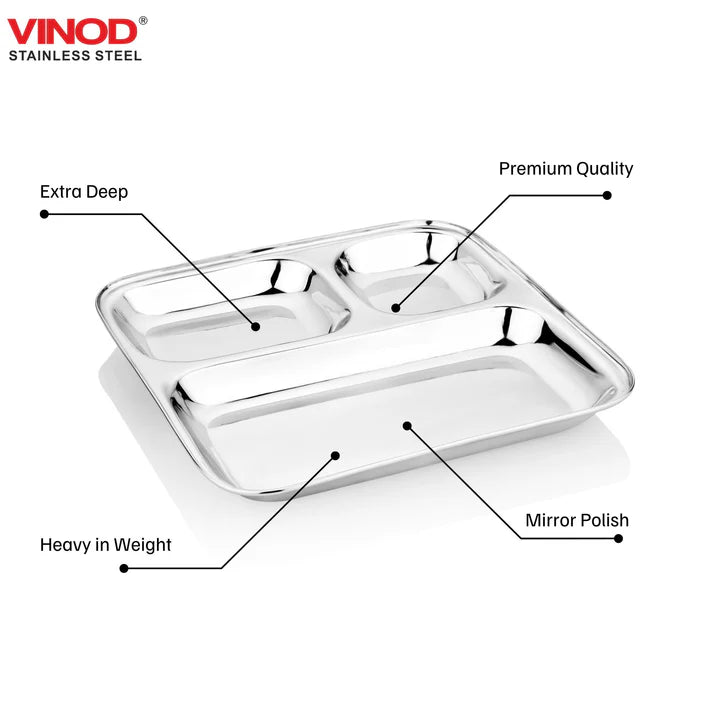 Vinod Stainless Steel 3 compartment Plate with Square Edges / Pav Bhaji Plate / Steel Serving Plates for Lunch / Dinner [Pack of 2 ]