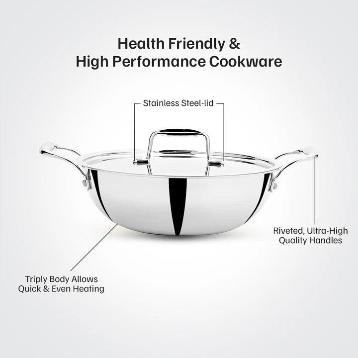 Doniv Titanium Triply Stainless Steel Kadhai with Steel Lid , Induction Friendly