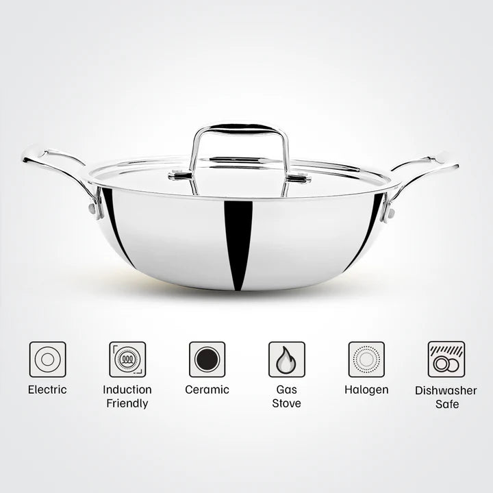 Doniv Titanium Triply Stainless Steel Kadhai with Steel Lid , Induction Friendly