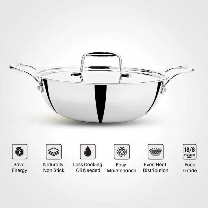 Doniv Titanium Triply Stainless Steel Kadhai with Steel Lid , Induction Friendly