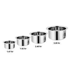 VINOD Stainless Steel Induction Friendly Flat Bottom Tope 4 Pieces Set 3.7 Ltr, 4.6 Ltr, 5.5 Ltr & 6.7 Ltr With Strong Durable Steel