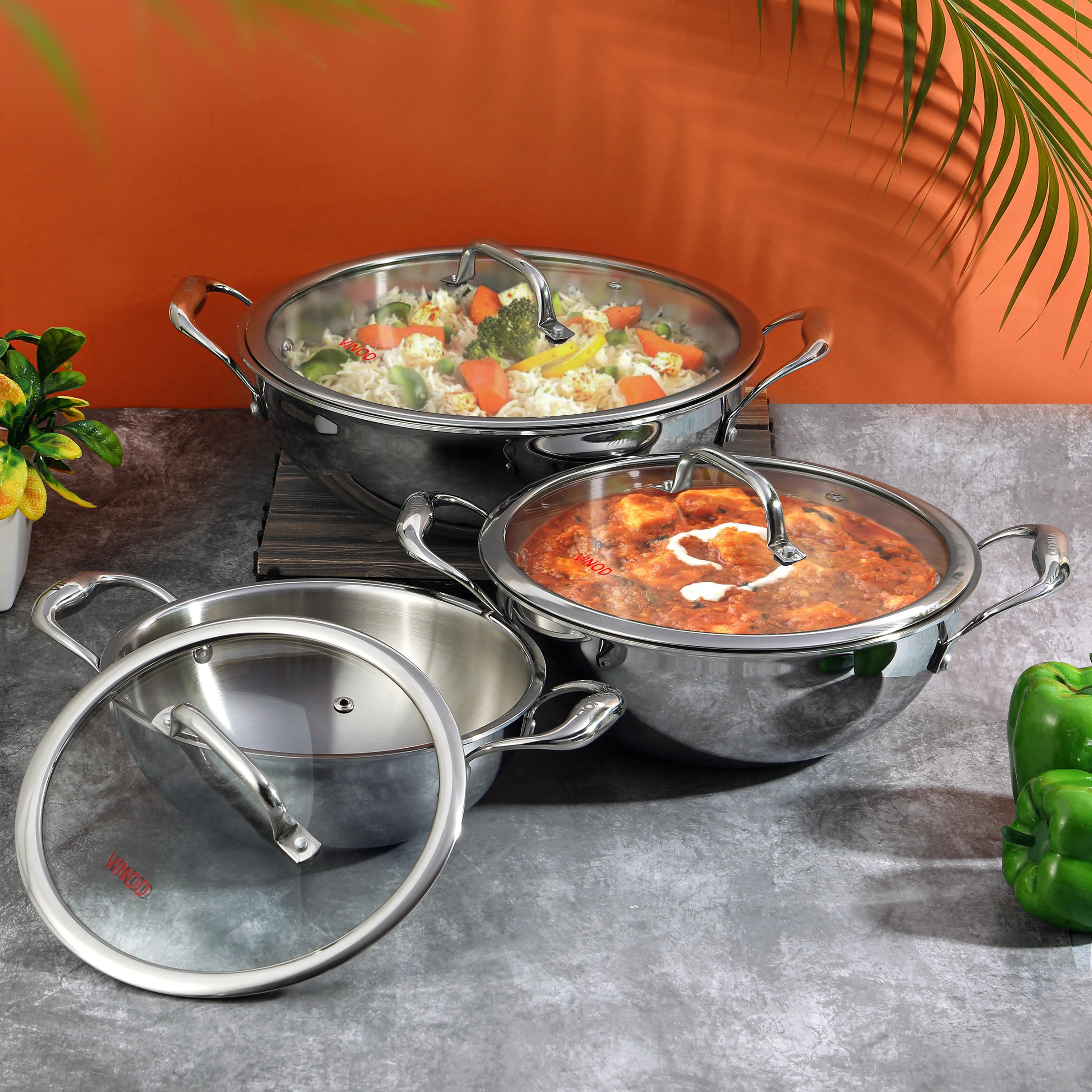 Vinod Platinum Triply Stainless Steel Extra Deep Kadai with Glass Lid