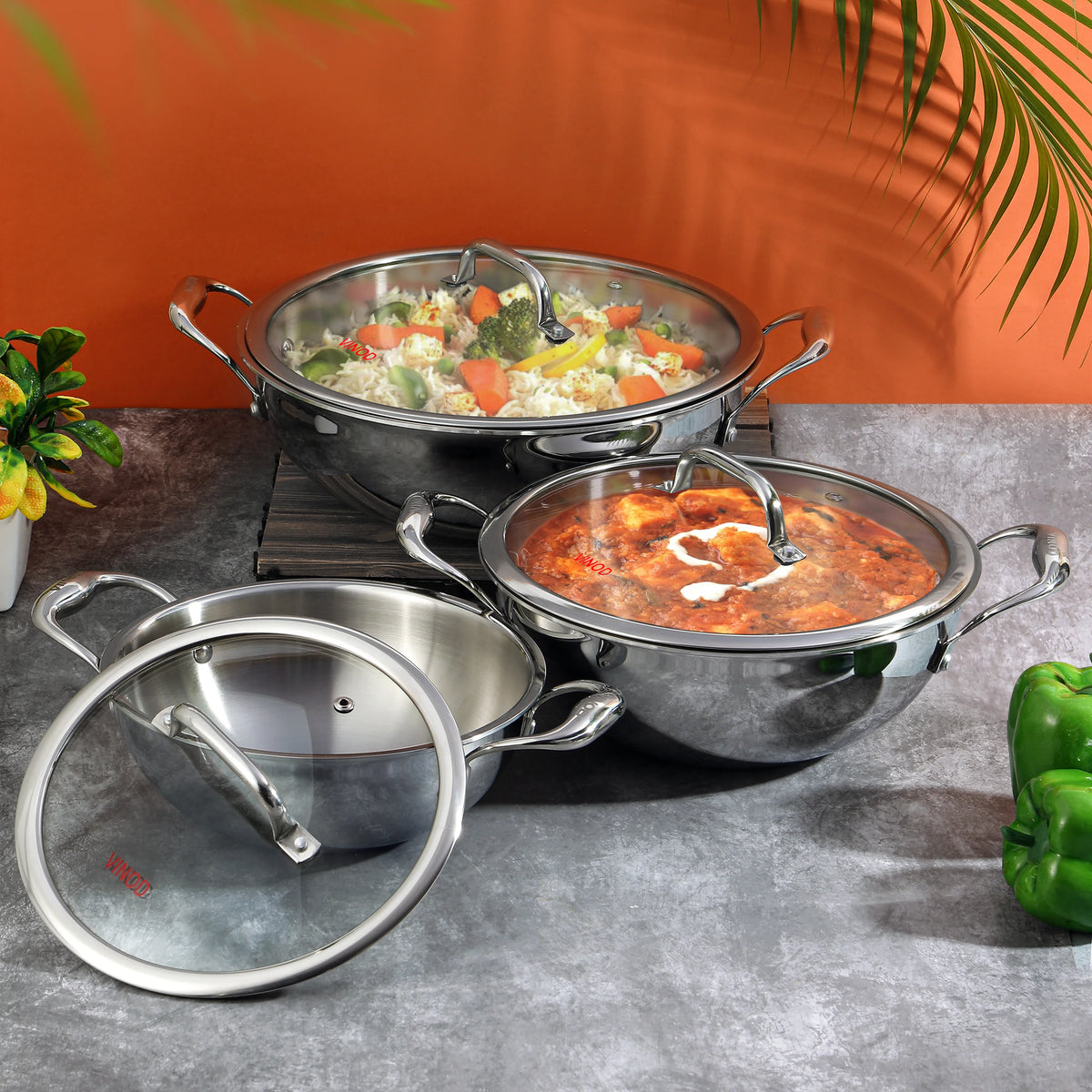 Vinod Platinum Triply Stainless Steel Extra Deep Kadai with Glass Lid