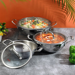 Vinod Platinum Triply Stainless Steel Extra Deep Kadai with Glass Lid