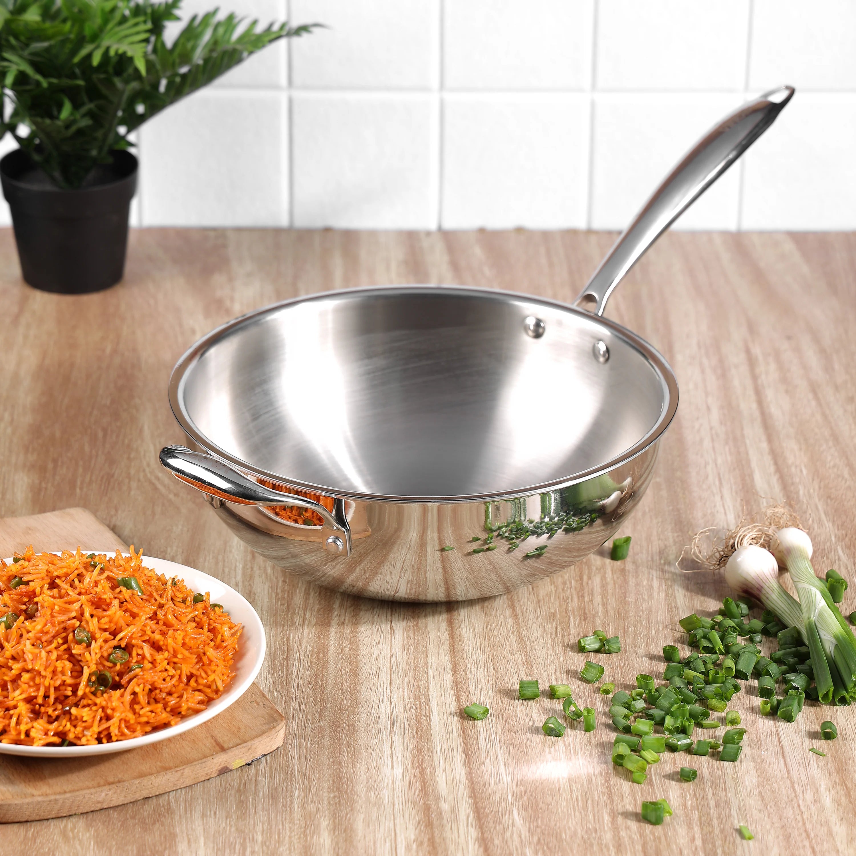 Vinod Platinum Triply Stainless Steel Wok - 26 cm (Induction Friendly)