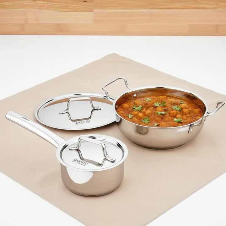 Doniv 2 Piece Majestic Sandwich Bottom Cookware Set, 1 Piece Sauce Pan with lid 14 cm & 1 Piece Kadhai with Lid 24 cm