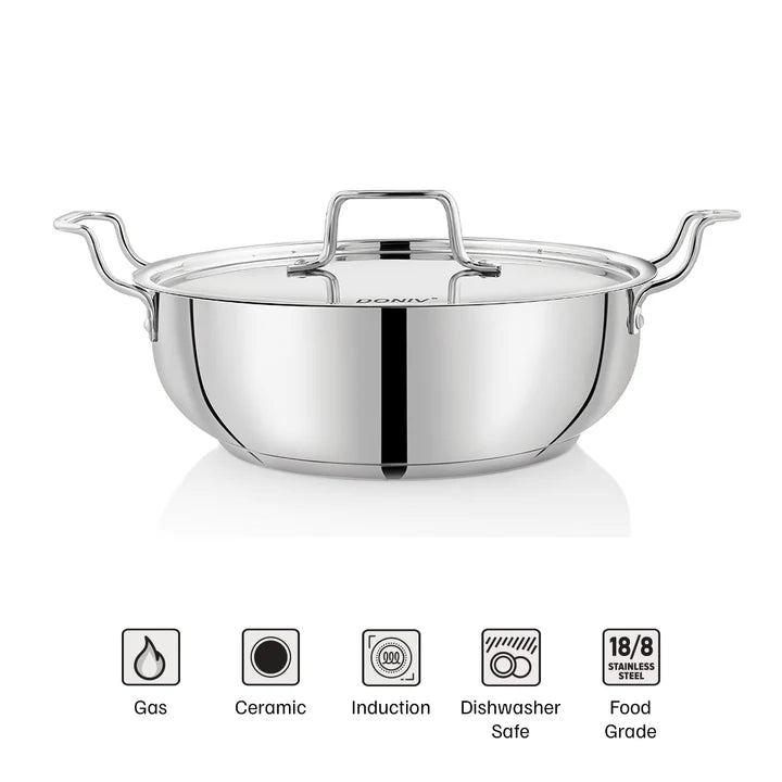 Doniv Stainless Steel Sandwich Majestic Bottom Kadai with Steel Lid – Induction Friendly