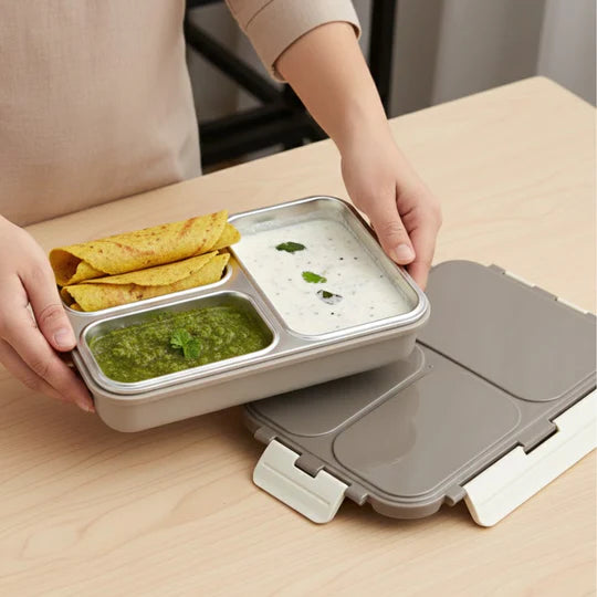 VINOD Stainless Steel Tiffin 3 Compartment Airtight Silicone-Sealed Lid, Food-Grade Steel, Secure Clips and Insulated