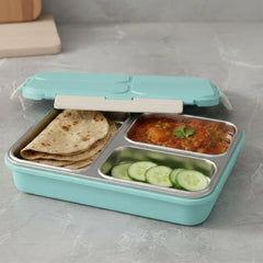VINOD Stainless Steel Tiffin 3 Compartment Airtight Silicone-Sealed Lid, Food-Grade Steel, Secure Clips and Insulated