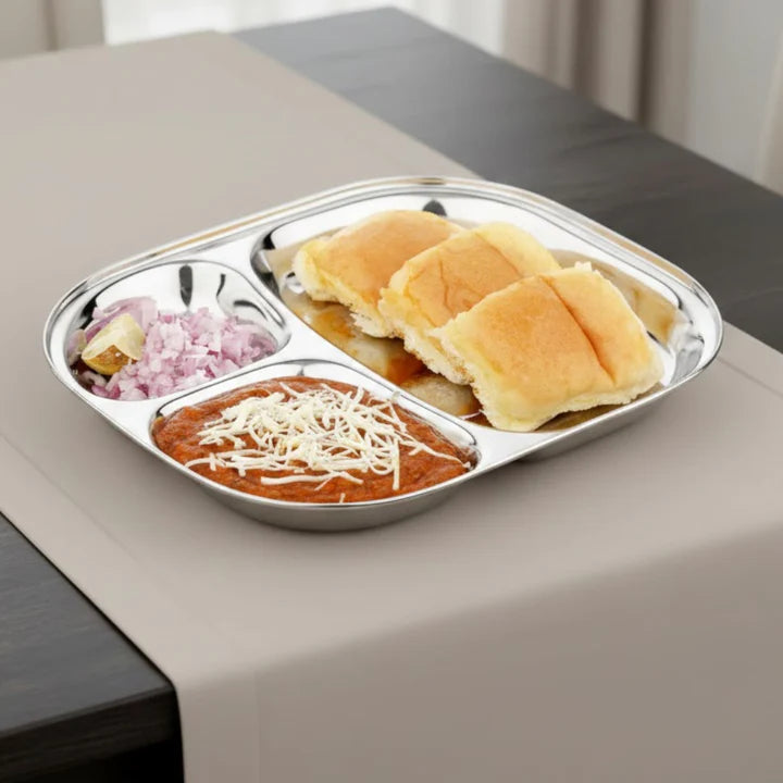 Vinod Stainless Steel 3 Compartment Plate with Round Edges/ Pav Bhaji Plates/ Idli Sambhar Breakfast Plate / Steel Plates for Lunch/Dinner [Pack of 2 ]