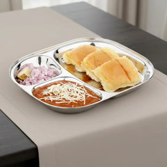 Vinod Stainless Steel 3 Compartment Plate with Round Edges/ Pav Bhaji Plates/ Idli Sambhar Breakfast Plate / Steel Plates for Lunch/Dinner [Pack of 2 ]