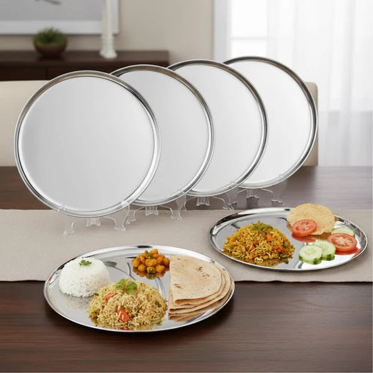 Vinod Stainless Steel Bangla Bogi Plate, Lunch & Dinner Plate, Set of 4 pieces, Diameter 29 cm