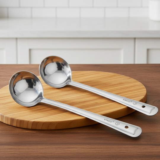 Vinod Stainless Steel Basting Serving Ladle, Serving Spoon / Karachi. Ideal for Gravies / Soups / Curries and Dishes - Set of 2, Size 21cm