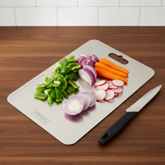 VINOD Stainless Steel Chopping Board in 30.5 X 20 cm Size with Knife-Friendly Surface, Rust Free Build and Hygienic Easy-Clean Finish