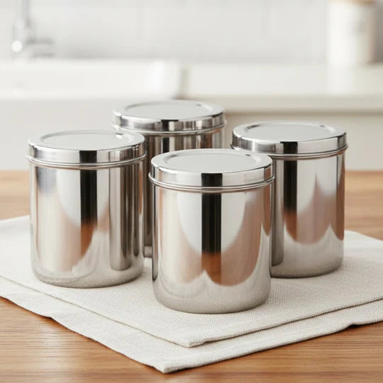 VINOD Stainless Steel Deep Dabba Set of 4 - 3.50 kg, 4.50 kg, 5.00 kg and 6.00 kg in Heavy Gauge Steel, Airtight Lids & Dishwasher Safe