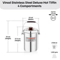 VINOD Stainless Steel Deluxe Hot Tiffin with 4 Compartments, Rust Free, Leak Proof, Insulated and Dishwasher Safe