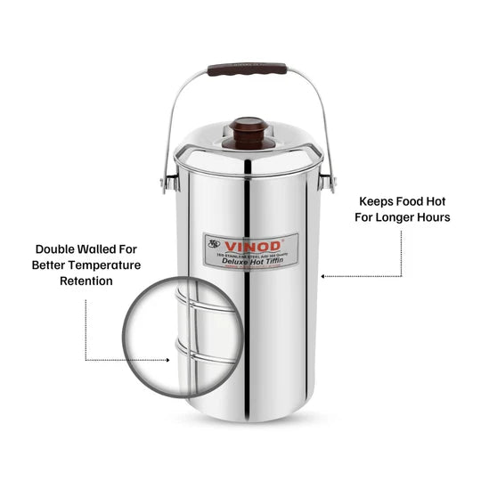VINOD Stainless Steel Deluxe Hot Tiffin with 4 Compartments, Rust Free, Leak Proof, Insulated and Dishwasher Safe