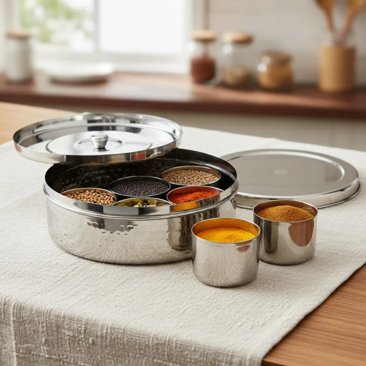 VINOD Hammered Stainless Steel Masala Dabba / Spice Box with 7 Containers, Spoon & Inner Lid, Rust Resistant, High-Quality
