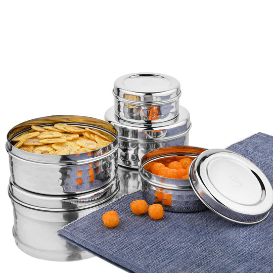 VINOD Stainless Steel Hammered Puri Dabba Set of 4 - Capacity: 1200 ml, 1500 ml, 2100 ml, 2500 ml, Heavy Gauge Steel, Airtight Lids & Rust Free
