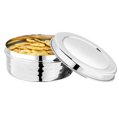 VINOD Stainless Steel Hammered Puri Dabba Set of 4 - Capacity: 1200 ml, 1500 ml, 2100 ml, 2500 ml, Heavy Gauge Steel, Airtight Lids & Rust Free