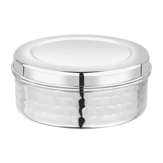 VINOD Stainless Steel Hammered Puri Dabba Set of 4 - Capacity: 1200 ml, 1500 ml, 2100 ml, 2500 ml, Heavy Gauge Steel, Airtight Lids & Rust Free