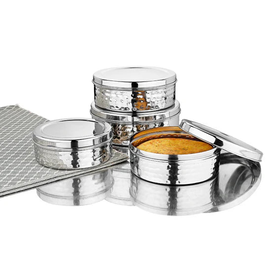 VINOD Stainless Steel Hammered Puri Dabba Set of 4 - Capacity: 1200 ml, 1500 ml, 2100 ml, 2500 ml, Heavy Gauge Steel, Airtight Lids & Rust Free