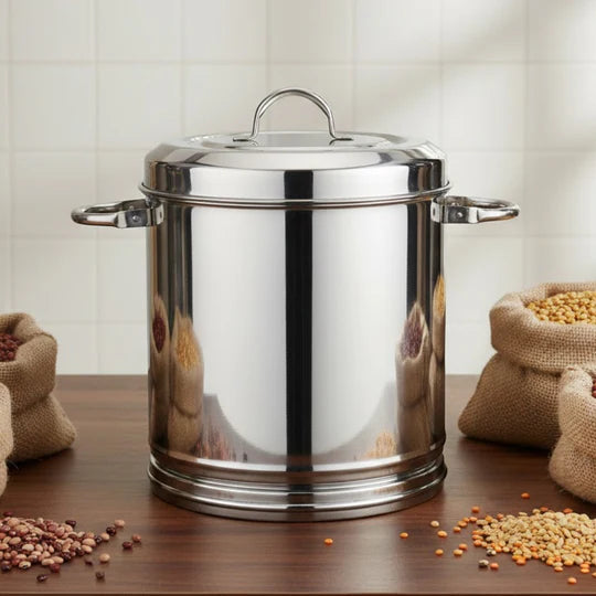 VINOD Stainless Steel Heavy Gauge Ration Dabba 22.5 Litre with Lid and Side Handle, Highest Grade Steel, Mirror Finish & Rust Free