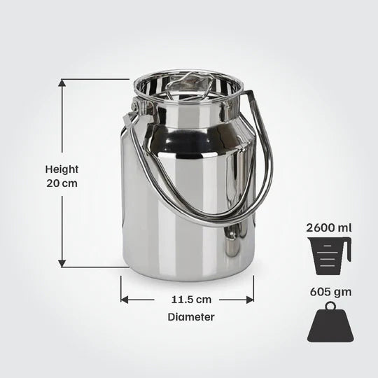 VINOD Stainless Steel Milk Can / Barni / Oil Can 2.6 Litre with Heavy Gauge Steel, Jointless Body, Rust Free and Glossy Finish