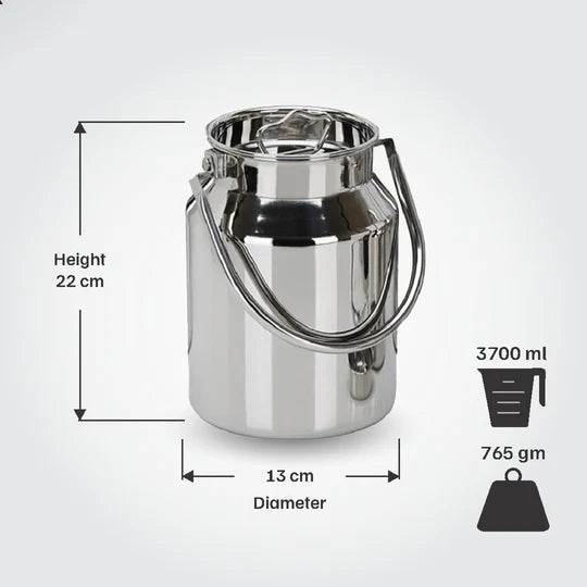 VINOD Stainless Steel Milk Can / Barni / Oil Can 3.7 Litre with Jointless Body, Heavy Gauge Steel, Glossy Finish and Non-Reactive Surface