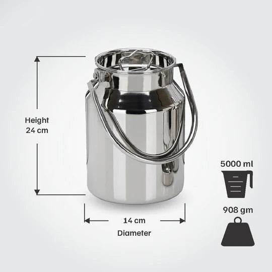 VINOD Stainless Steel Milk Can / Barni / Oil Can 5 Litre with Heavy Gauge Steel, Jointless Body, Glossy Finish, Non-Reactive Surface, Rust Free