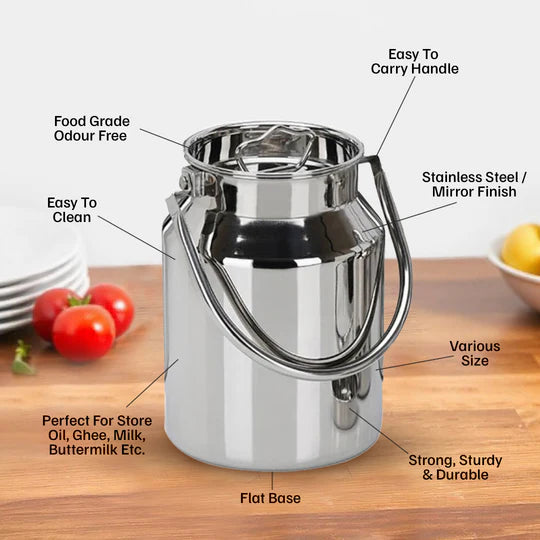 VINOD Stainless Steel Milk Can / Barni / Oil Can 5 Litre with Heavy Gauge Steel, Jointless Body, Glossy Finish, Non-Reactive Surface, Rust Free