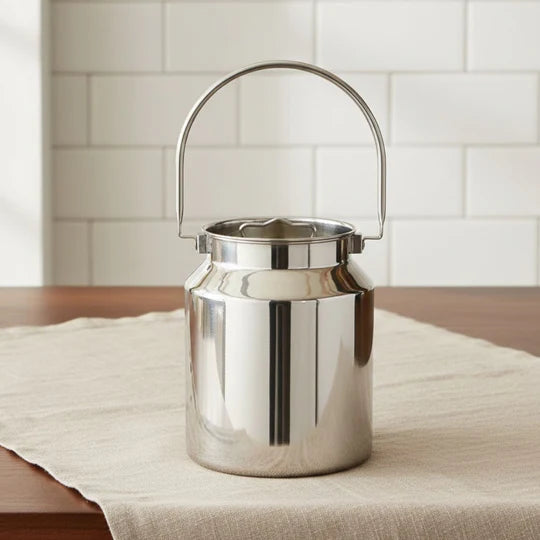 VINOD Stainless Steel Milk Can / Barni / Oil Can 6.5 Litre with Heavy Gauge Steel, Jointless Body, Glossy Finish, Non-Reactive Surface, Rust Free